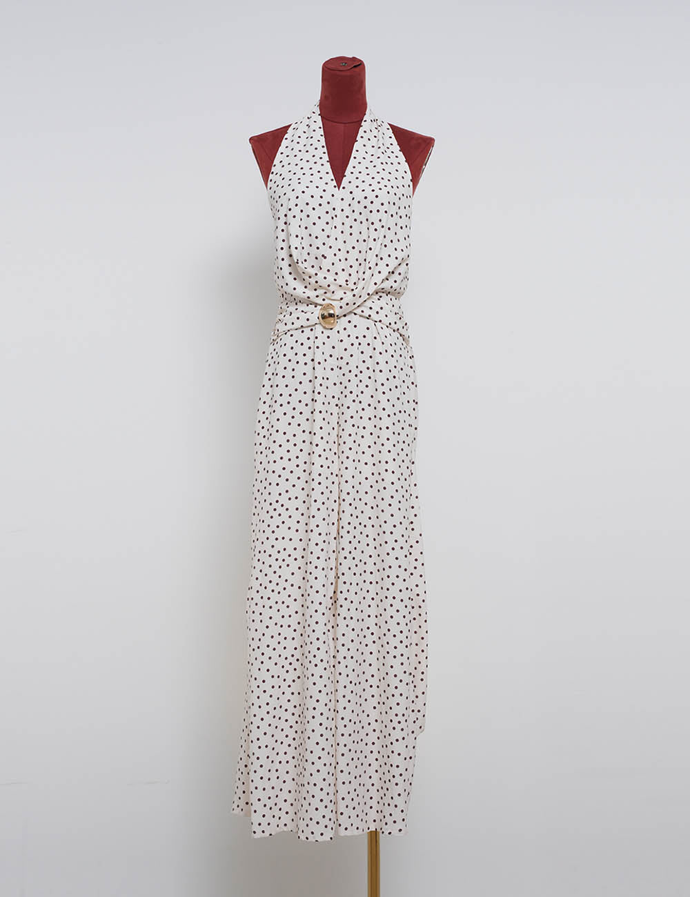 Polka Dot Halter Neck Metal Buckle Wide Leg Jumpsuit