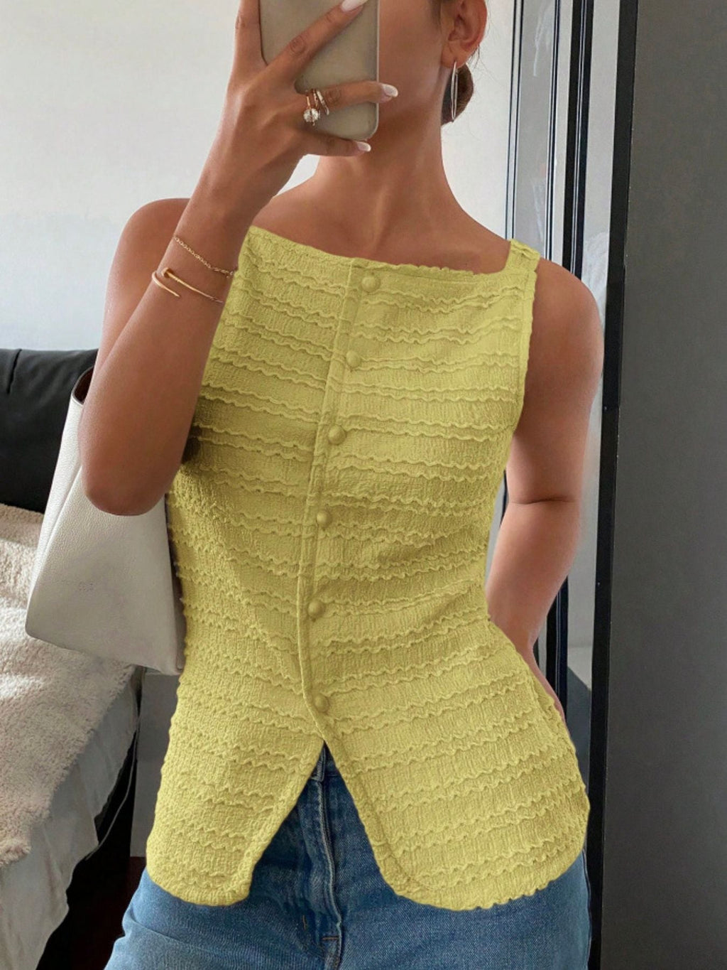 Textured Button Front Tank