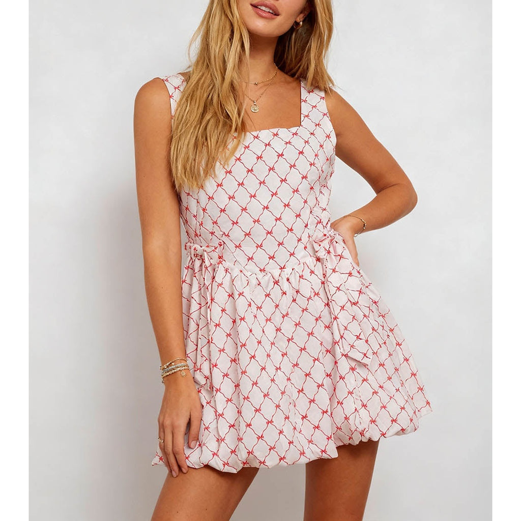 Bubble Hem Diamond Square Neck Bow Mini Dress
