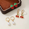 Piece K Gold Plated Strawberry Cherry and Pearl Earrings