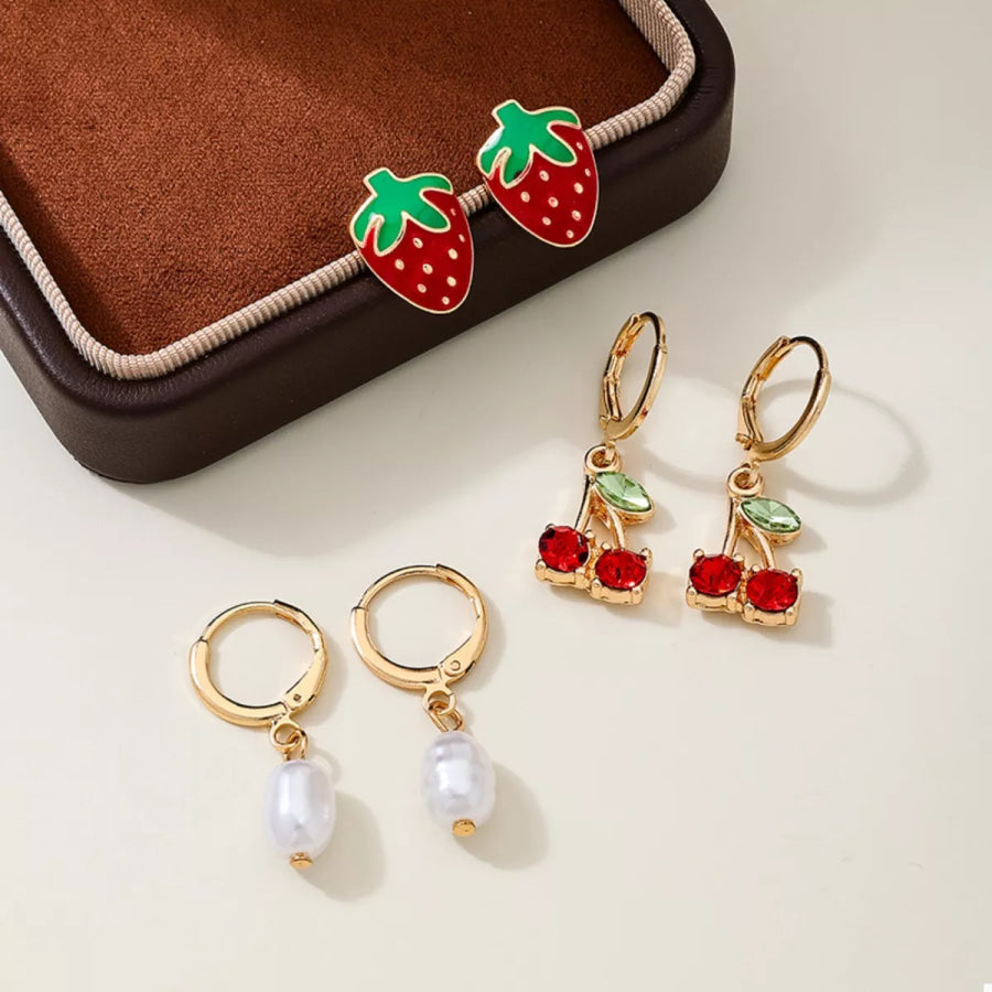 Piece K Gold Plated Strawberry Cherry and Pearl Earrings