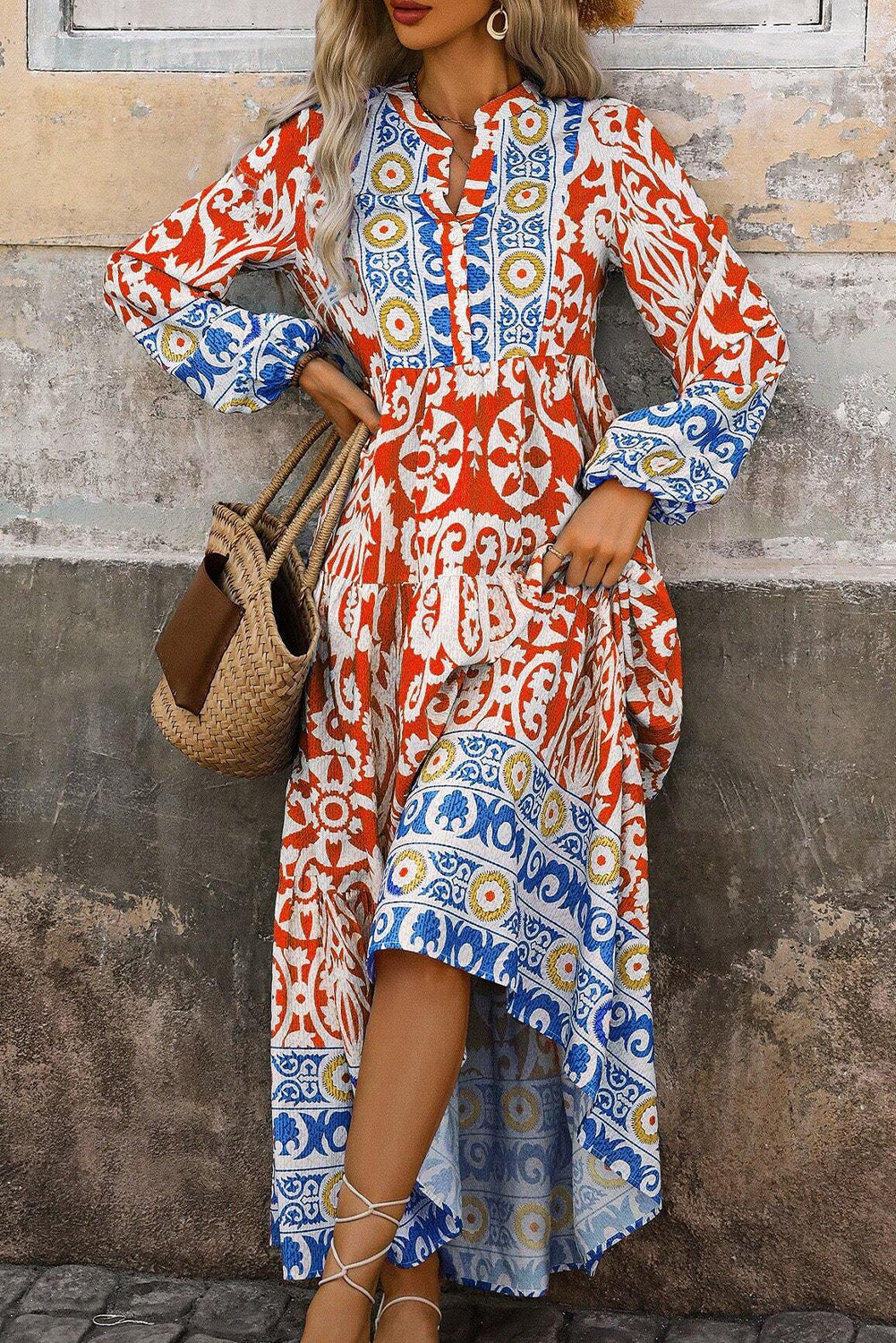 Boho Geometric Printed Long Sleeve Maxi Dress