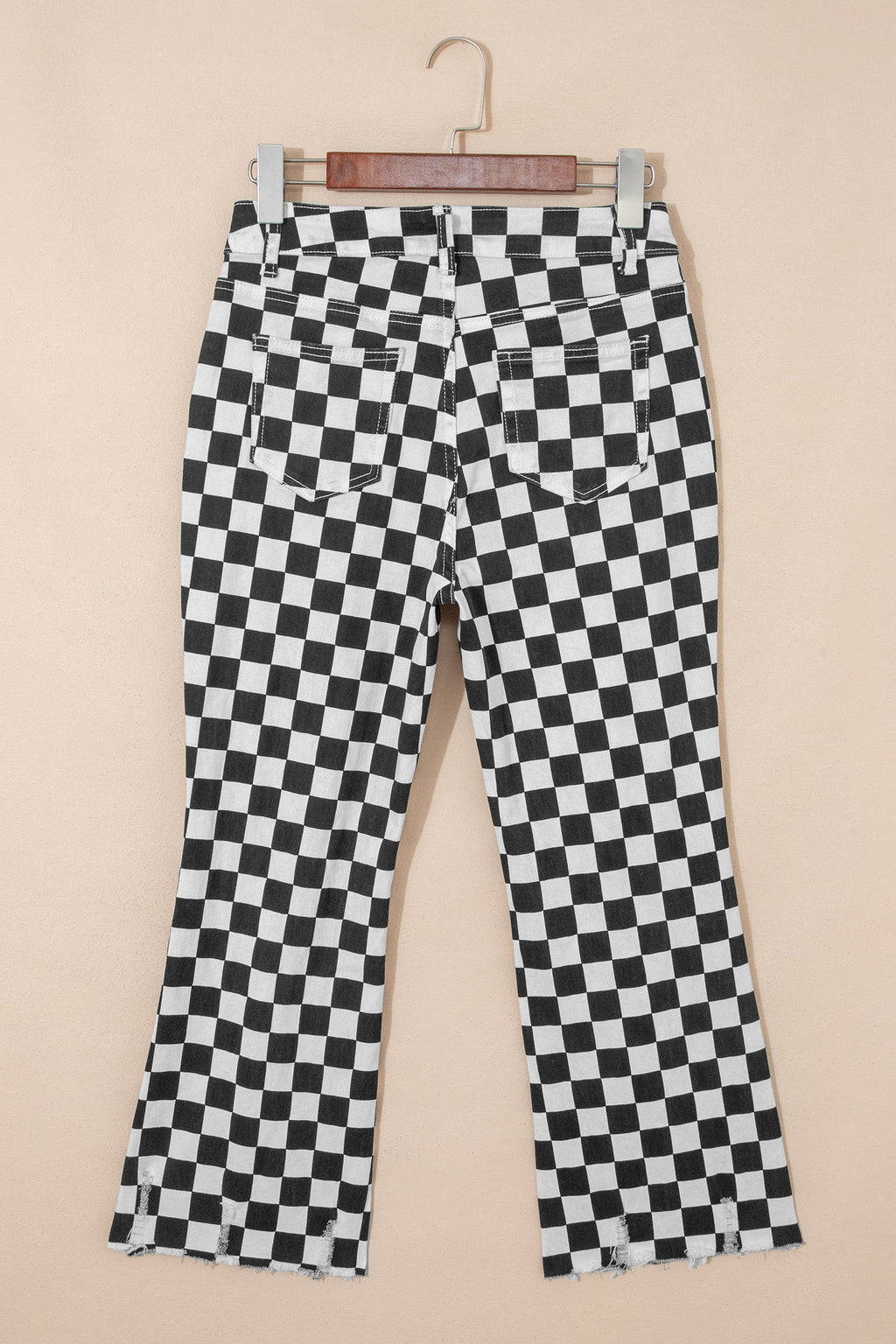 Print Cropped Distressed Checkerboard Holes Raw Jeans