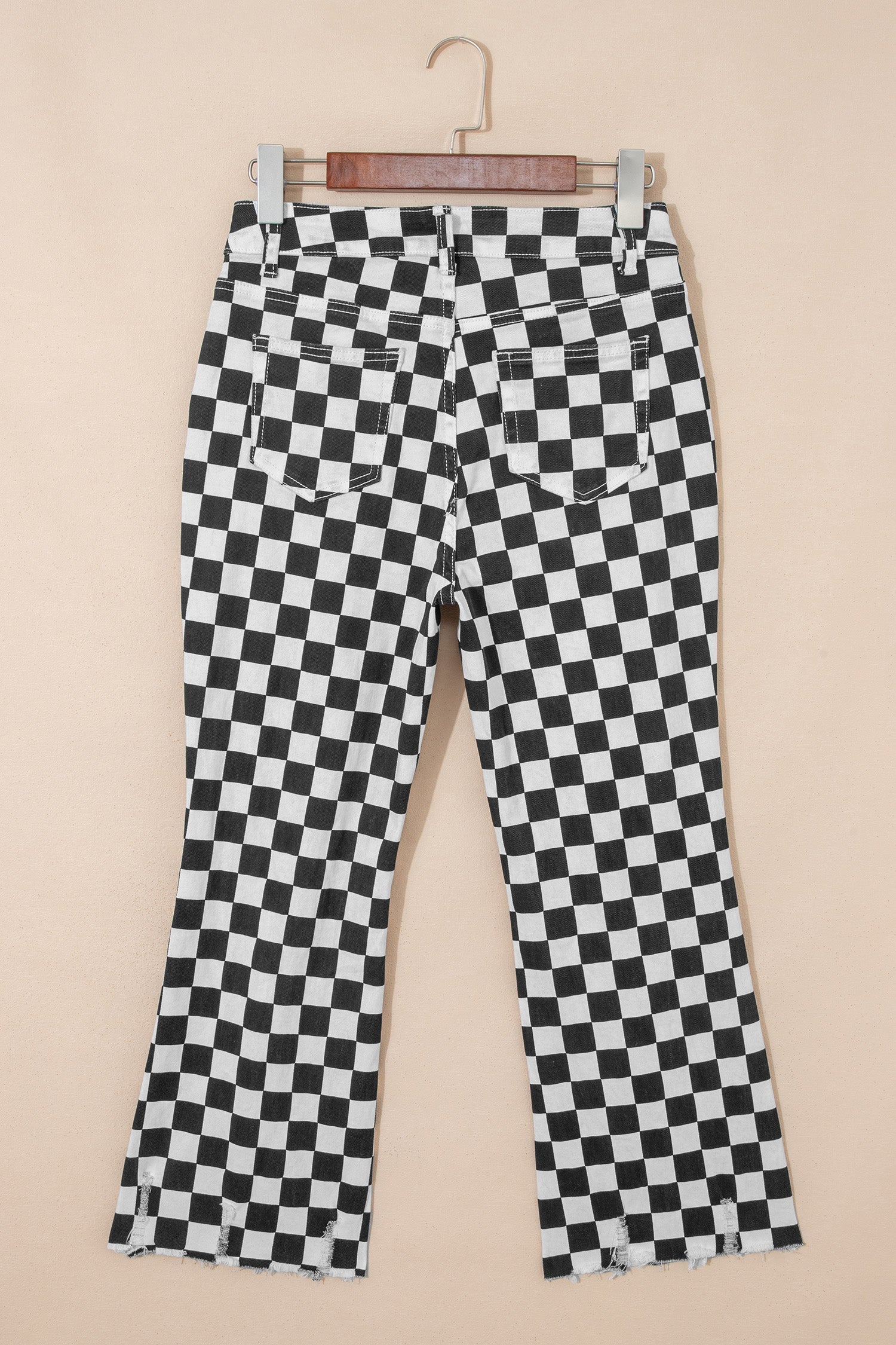 Print Cropped Distressed Checkerboard Holes Raw Jeans