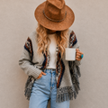 Relaxed Geometric Hooded Fringed Toggle Front Cardigan