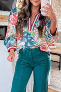 Sky Blue Contrast Trim V Neck Cuffed Bracelet Sleeve Floral Blouse