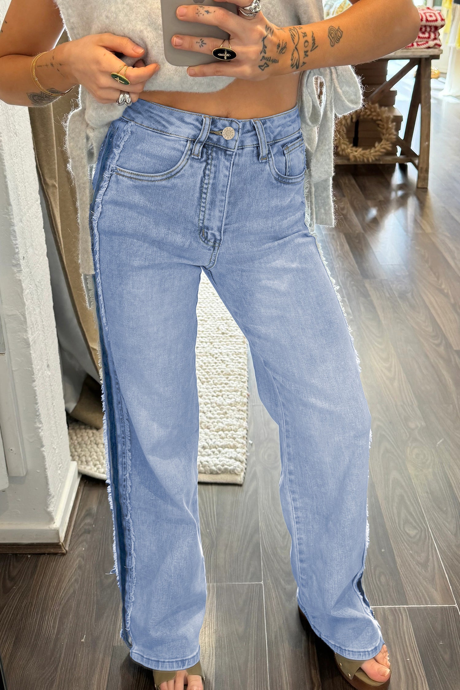 Frayed Contrast Stripe Side Panel Patchwork Jeans