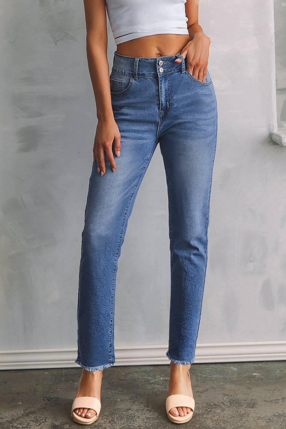 Slim Raw Hem Button Double Fit Jeans
