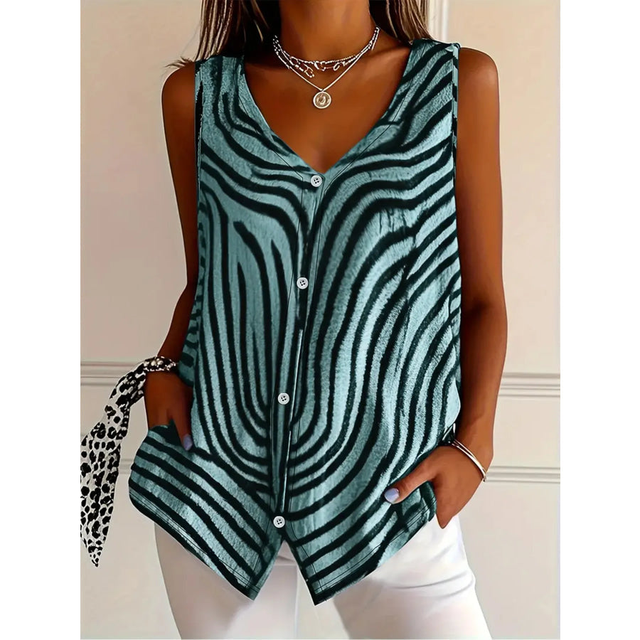 Sleeveless Zebra Button Up Tank Top