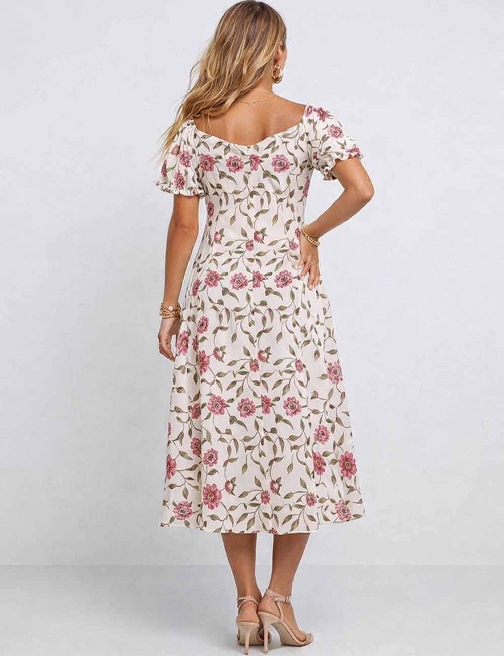 Puff Sleeves V Neck Lave Up Midi Dress