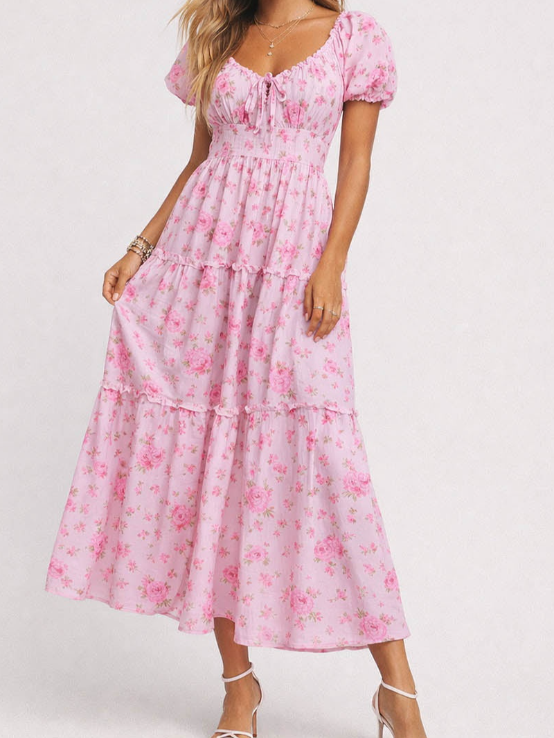 Boho Neck Puff Sleeves Maxi Dress