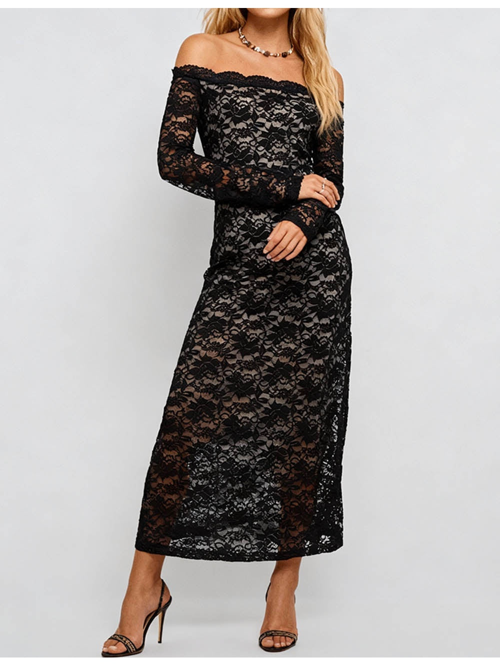 Scalloped Trim Off Shoulder Lace Bodycon Maxi Dress