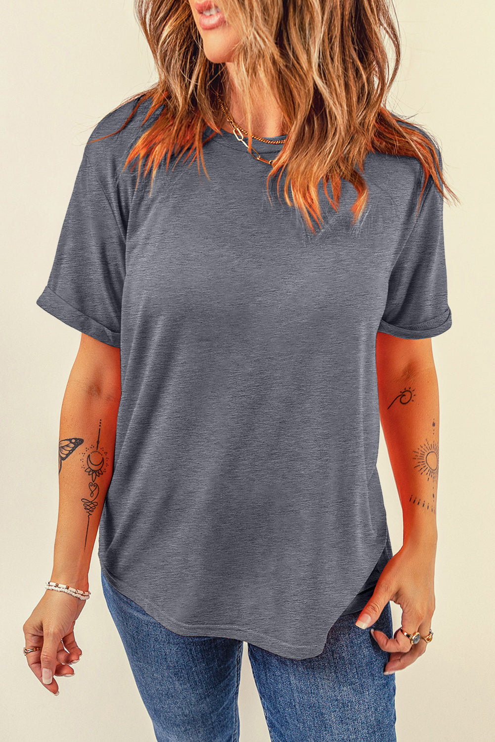 Gray Casual Plain Crew Neck