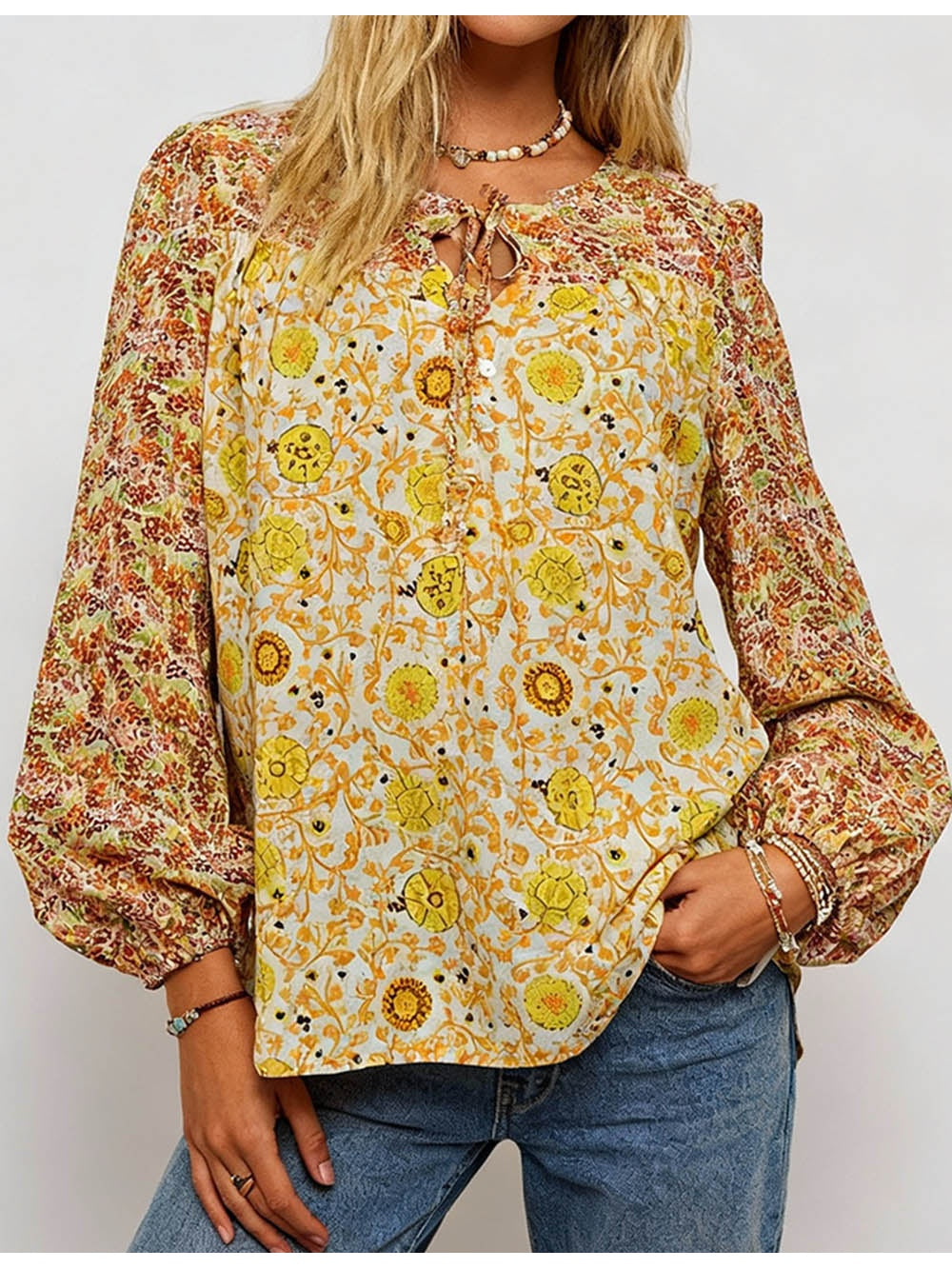 Boho Front Round Neck Long Sleeves Blouse