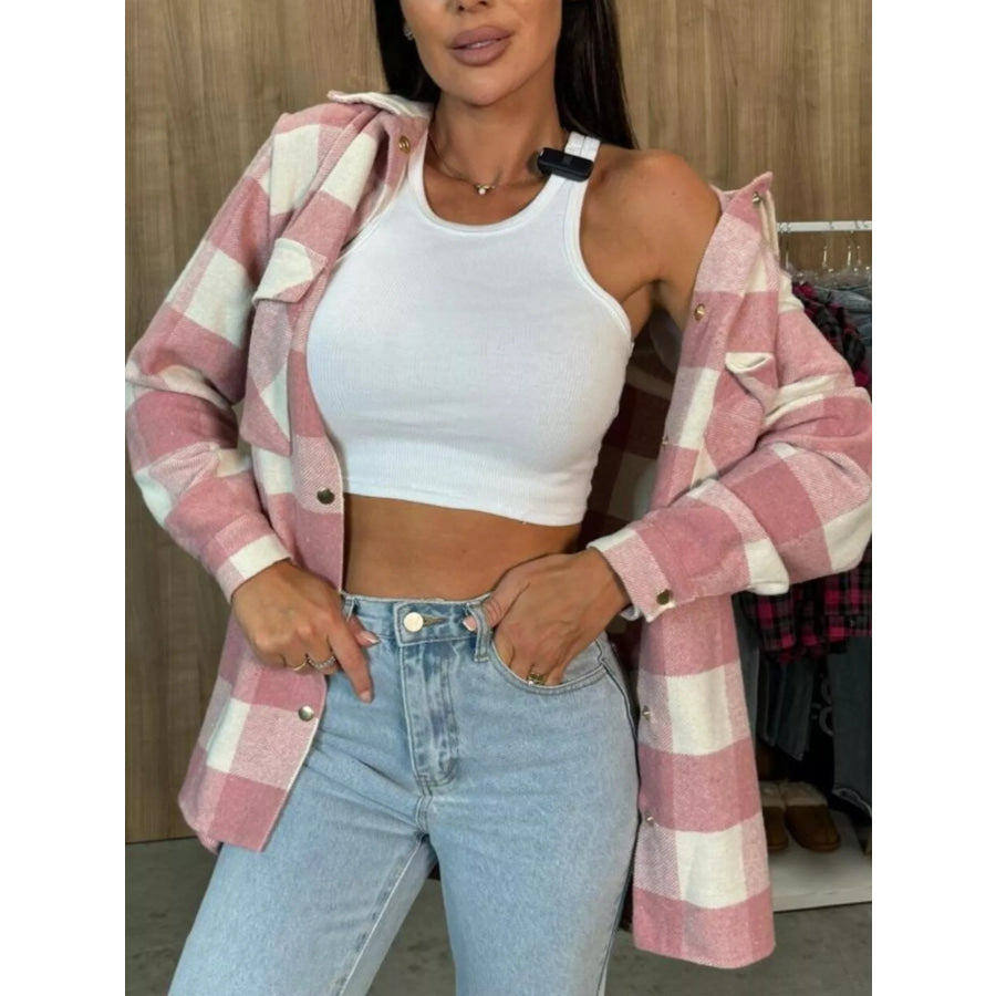 Classic Plaid Button Down Long Sleeve Shacket Jacket