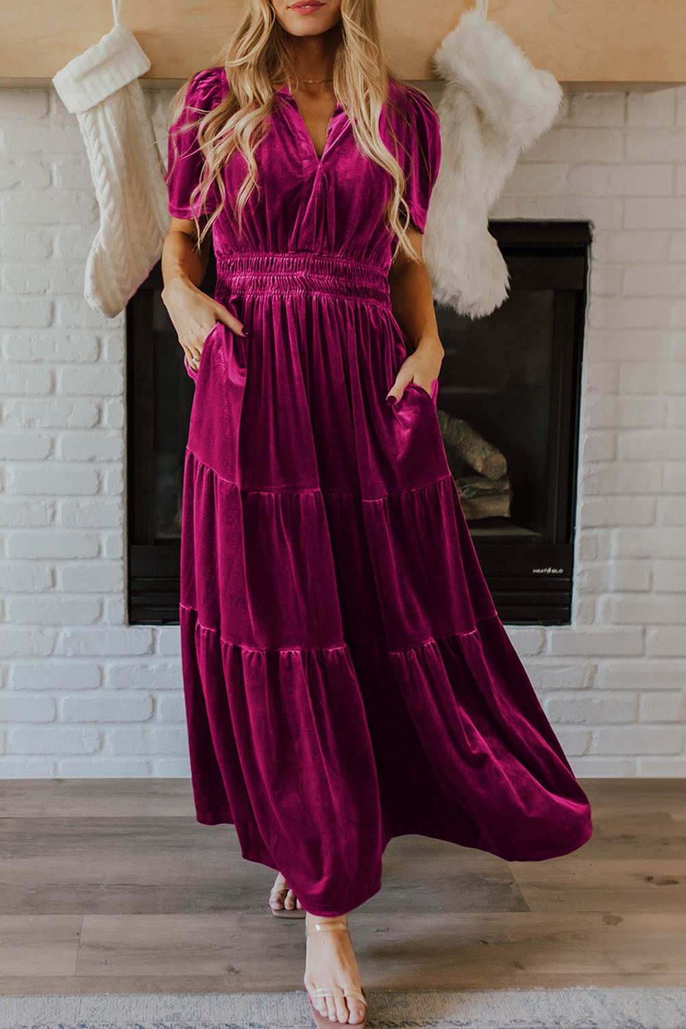 Dahlia Velvet Short Sleeve Shirred Waist Tiered Maxi Dress