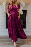 Dahlia Velvet Short Sleeve Shirred Waist Tiered Maxi Dress