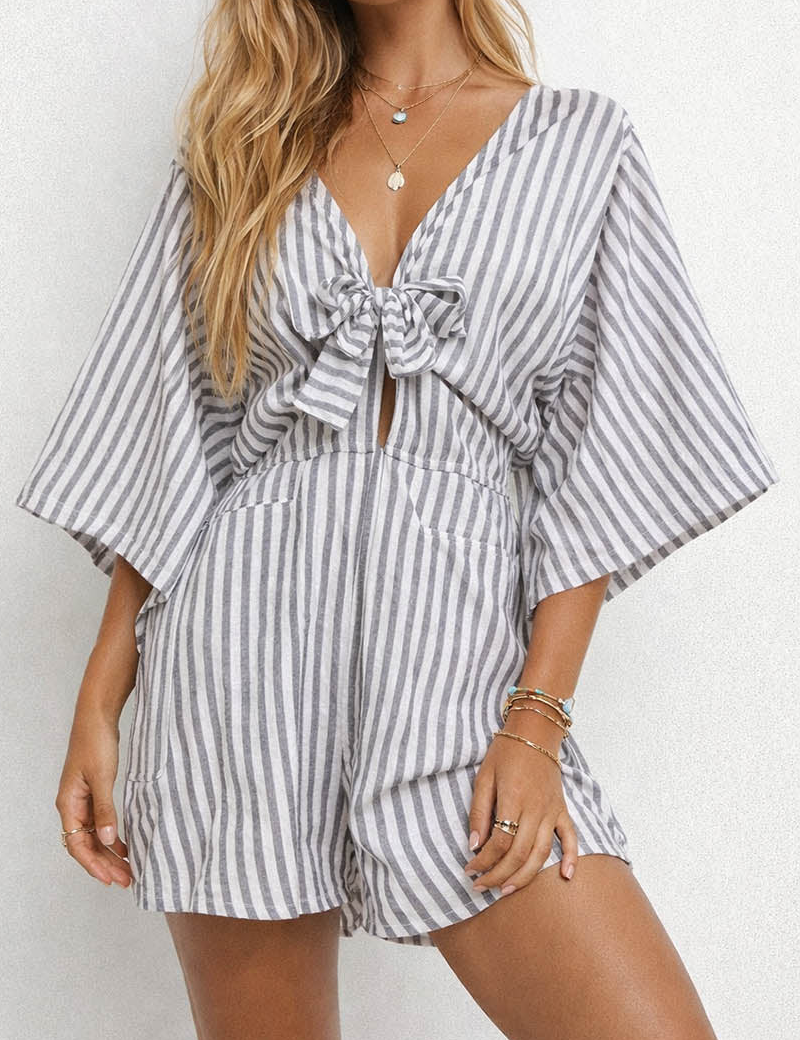 Chic V Neck Knot Kimono Sleeves Romper