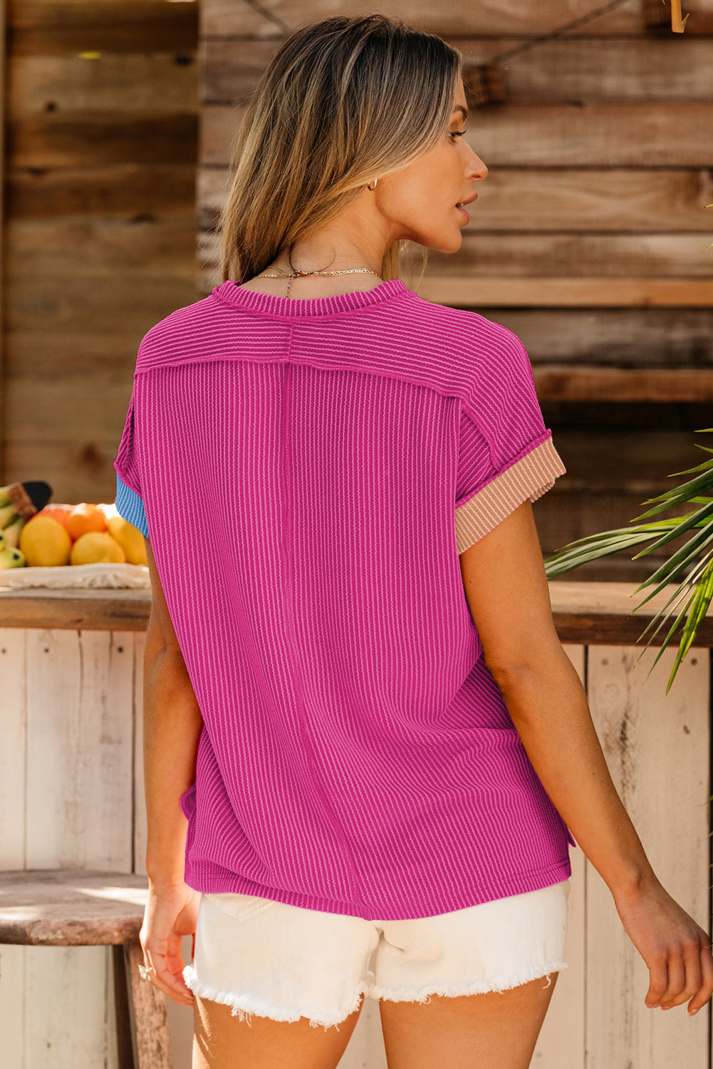 Rose Red Textured Colorblock Crew