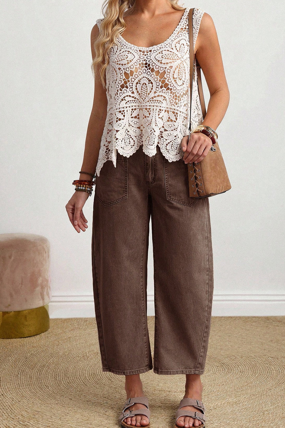 Barrel Patch Pocket Solid Square Ankle-length Jeans