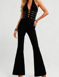 Lace Deep V Halter Neck Cross Back Lace Up Jumpsuit