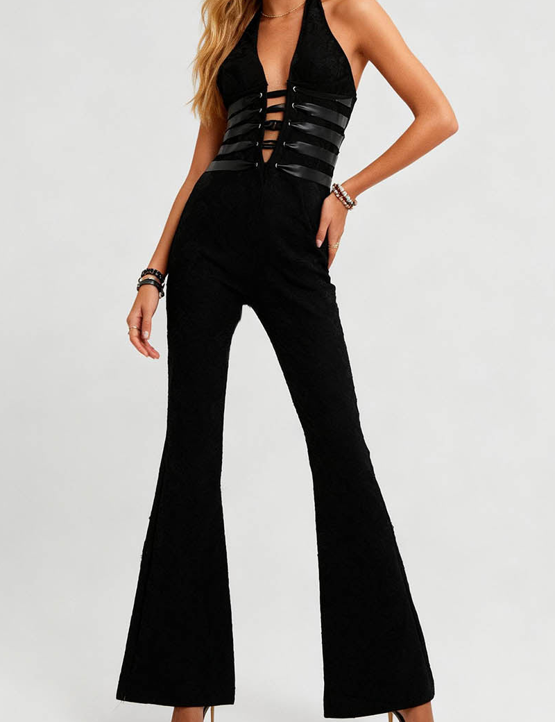 Lace Deep V Halter Neck Cross Back Lace Up Jumpsuit