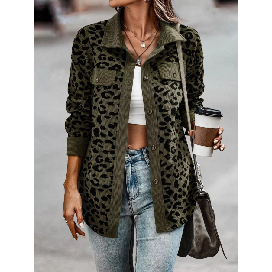Full Size Leopard Print Button Down Jacket Plus Size