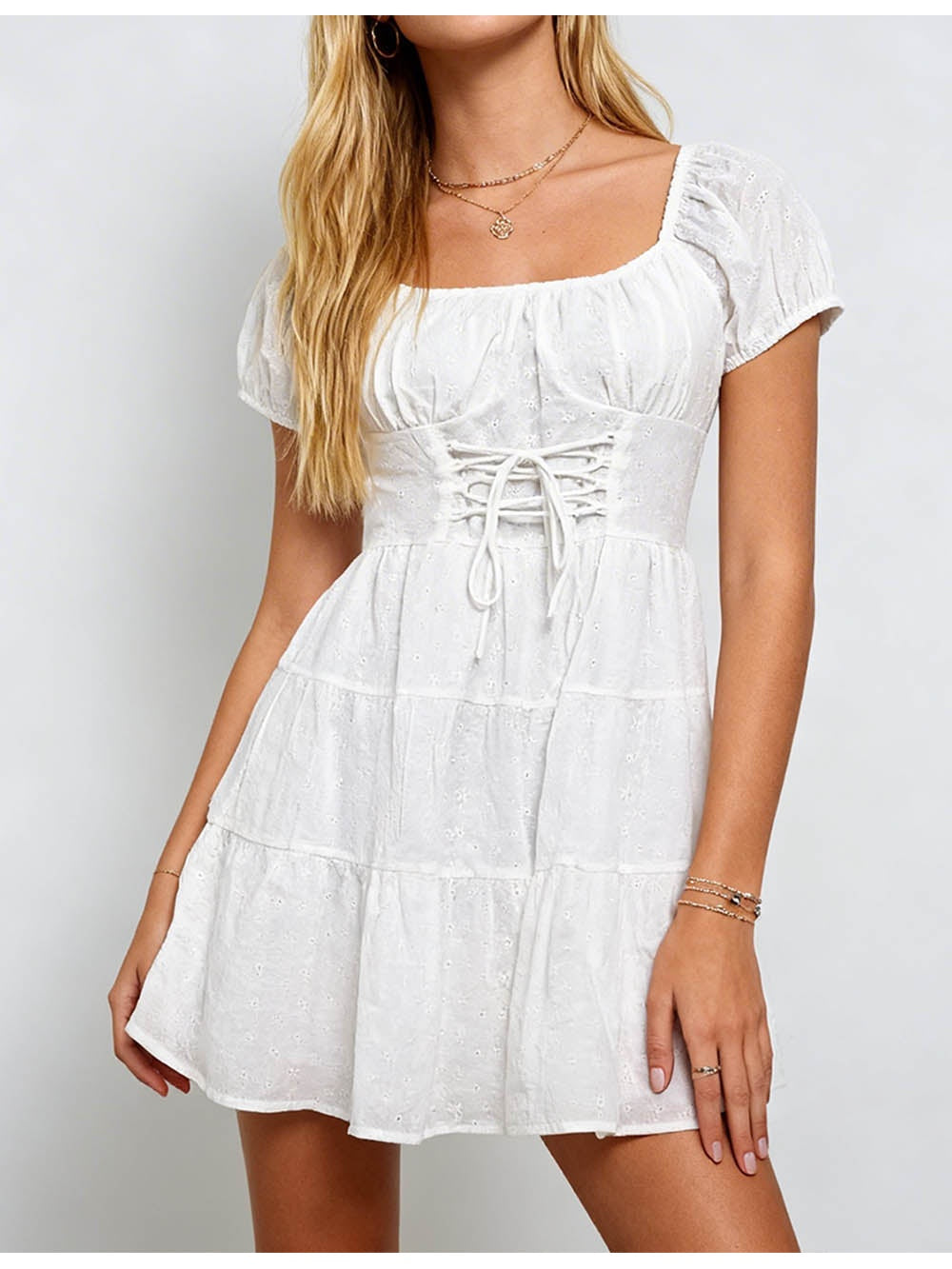 Romantic Eyelet Waist Puff Sleeves Mini Dress
