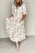 Floral Puff Sleeve V Neck Buttoned Front Maxi Dress