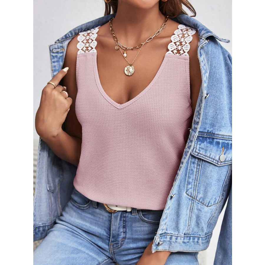 Lace Detail Waffle Knit V Neck Tank