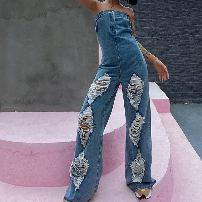 Edgy Texture Ripped Hollow-Out Strapless Jumpsuit