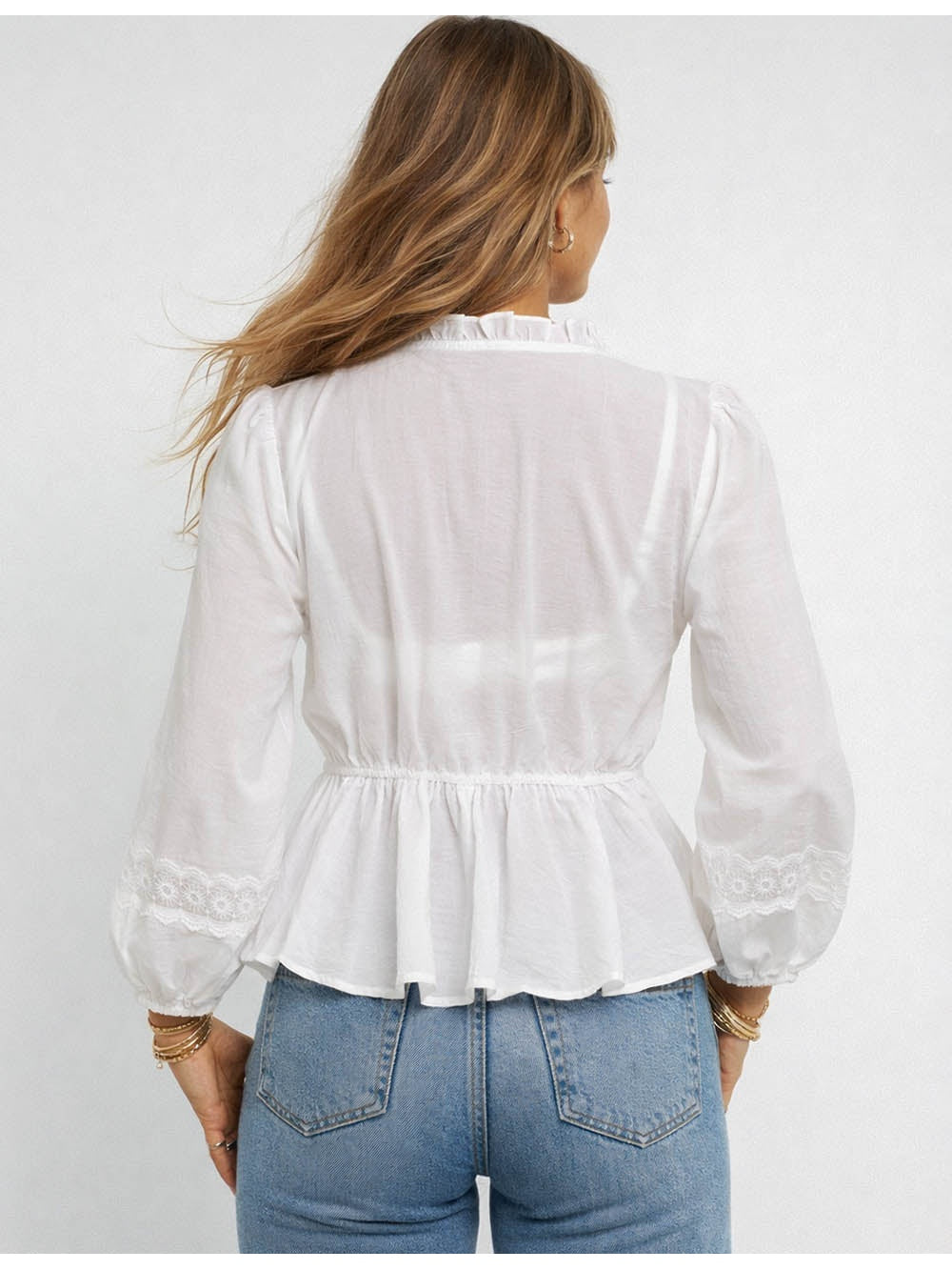 Lace Embroidery Panel Ruffle V Neck Long Sleeve Blouse
