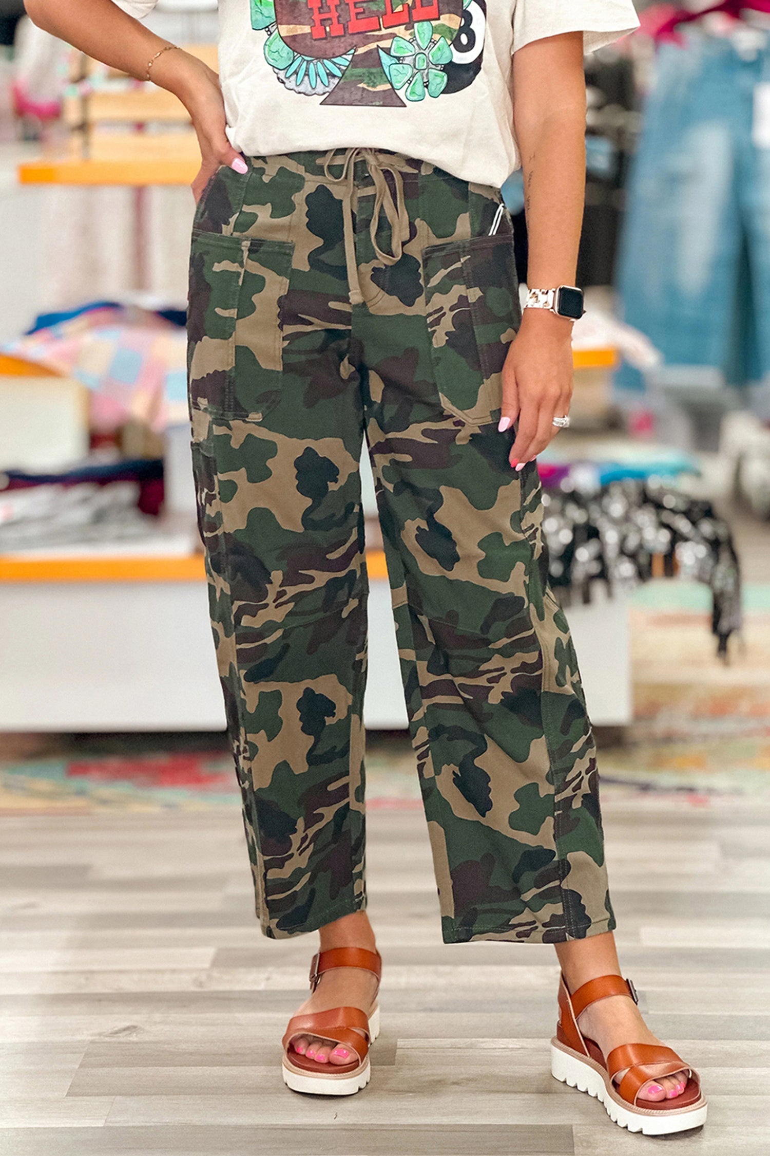 Barrel Drawstring Patch Pocket Print Camouflage Jeans