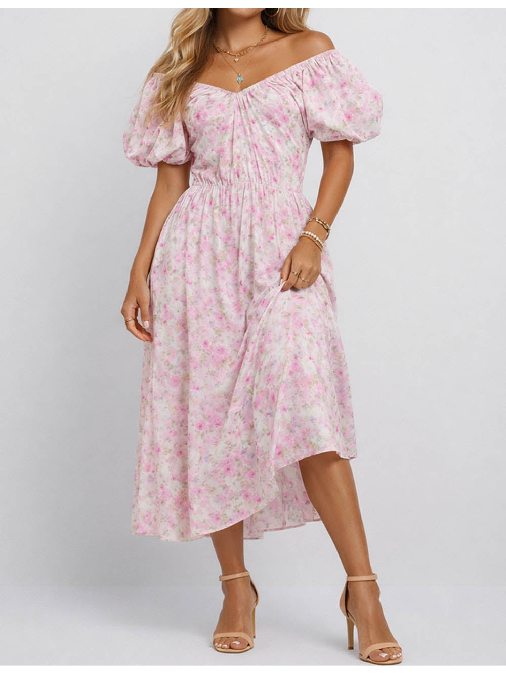 Romantic Puff Sleeves Drawstring Midi Dress