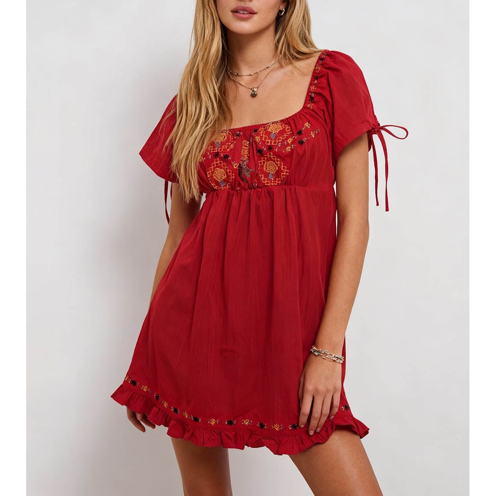 Embroidery Square Neck Bow Mini Dress