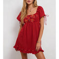 Embroidery Square Neck Bow Mini Dress