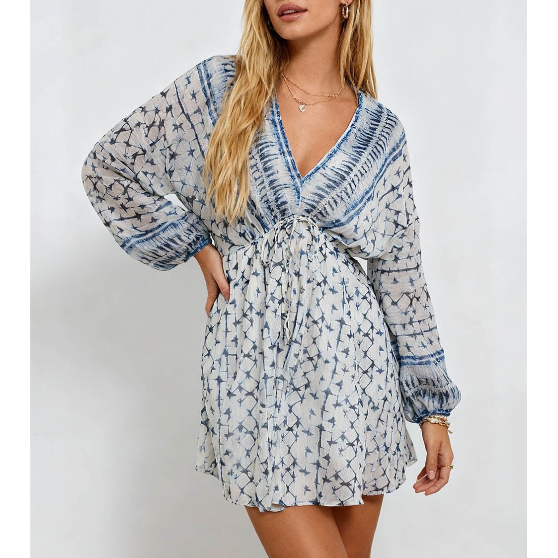 Metallic Thread V Neck Waist Mini Dress