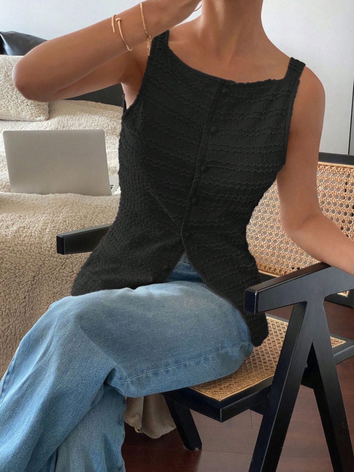 Textured Button Front Tank