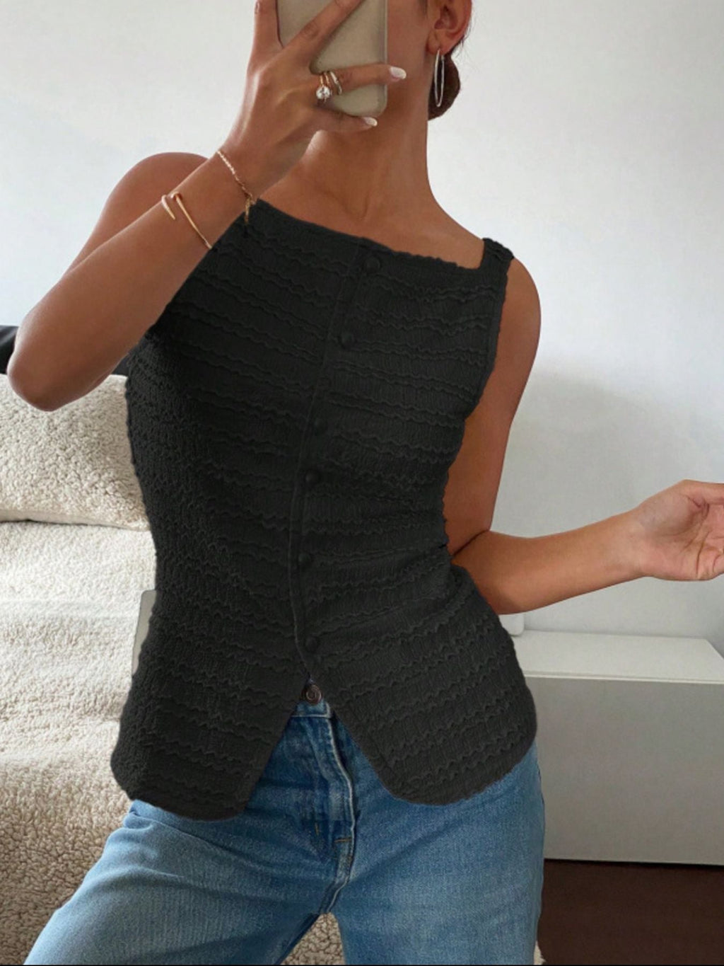 Textured Button Front Tank