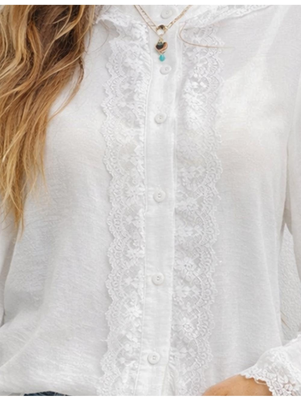 Chic Lace Stand Neck Button Front Flared Sleeves Blouse