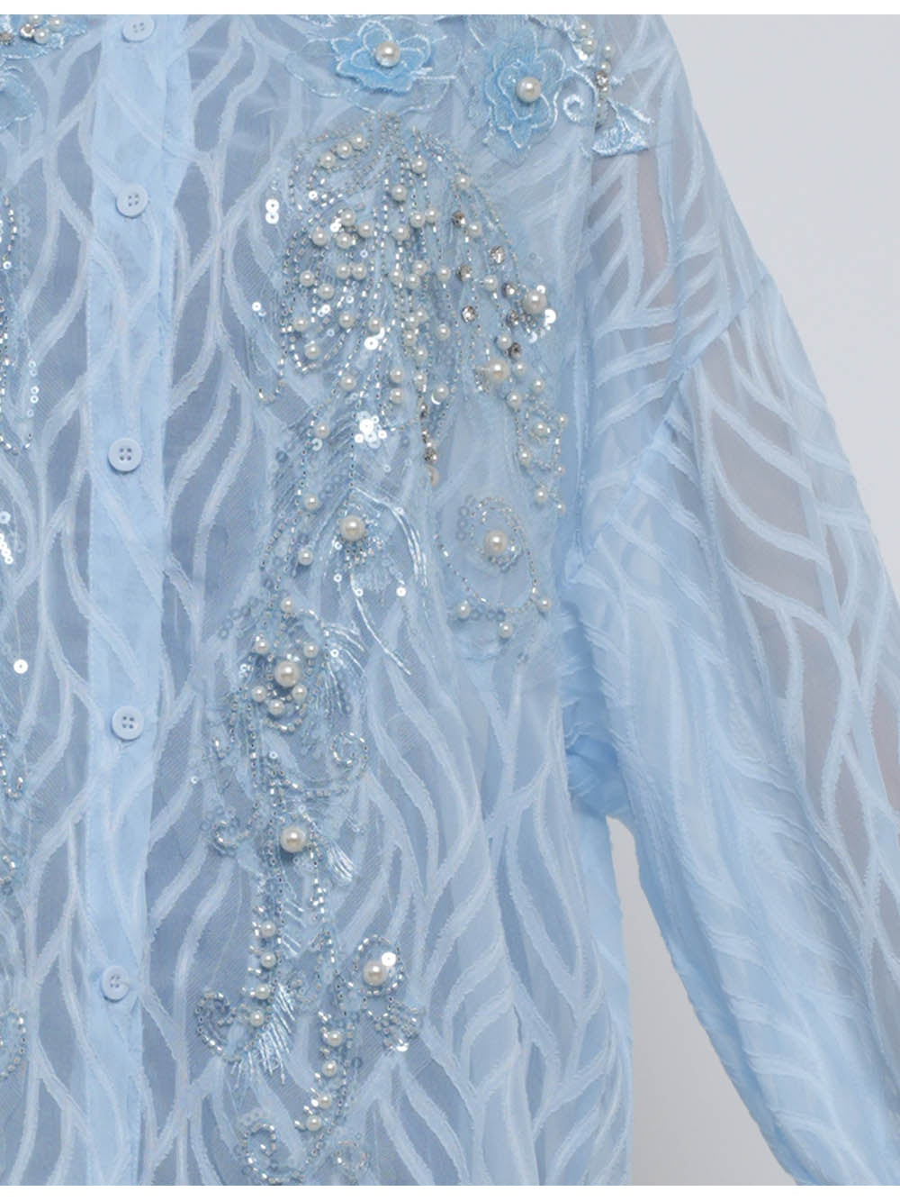 Chic Bead Shirt Collar Lantern Sleeves Jacquard Blouse