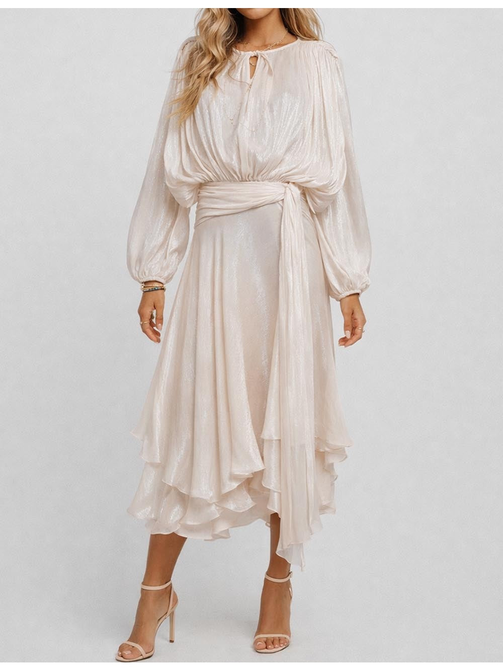 Chic Ruched Round Neck Waist Long Sleeves Maxi Dress