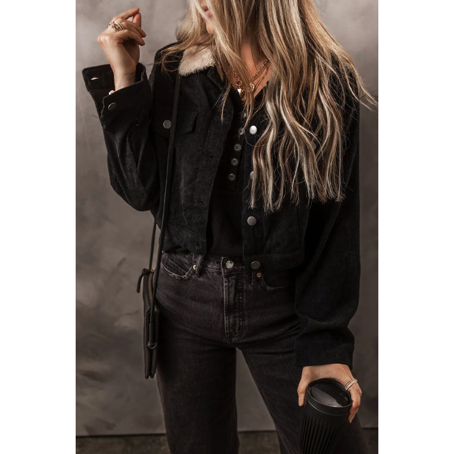 Fuzzy Collared Neck Button Down Jacket