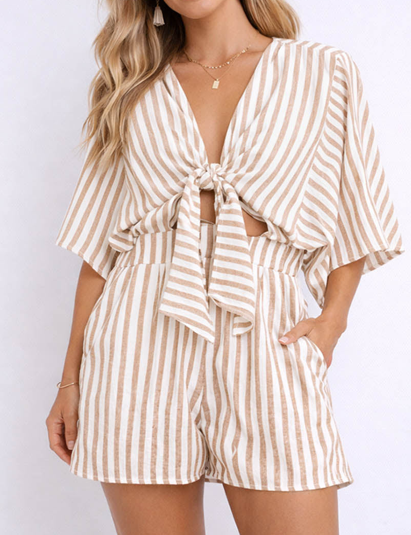 Chic V Neck Knot Kimono Sleeves Romper