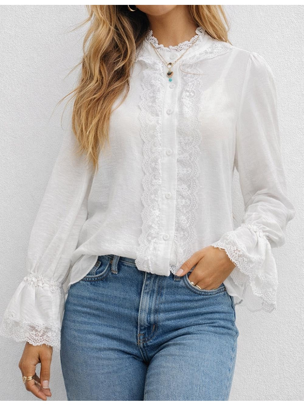 Chic Lace Stand Neck Button Front Flared Sleeves Blouse