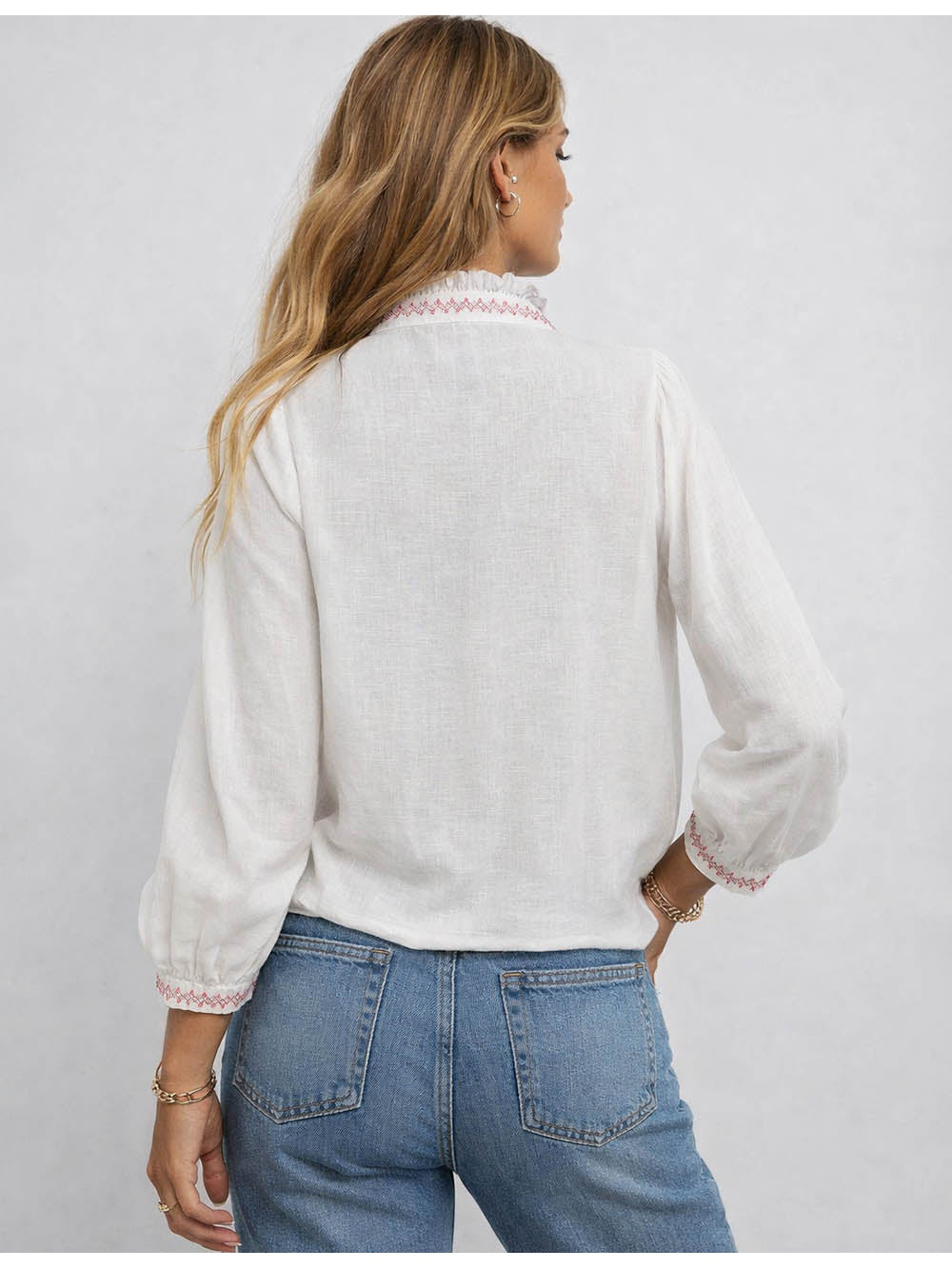 Boho Embroidery Ruffle Stand Neck Button Blouse