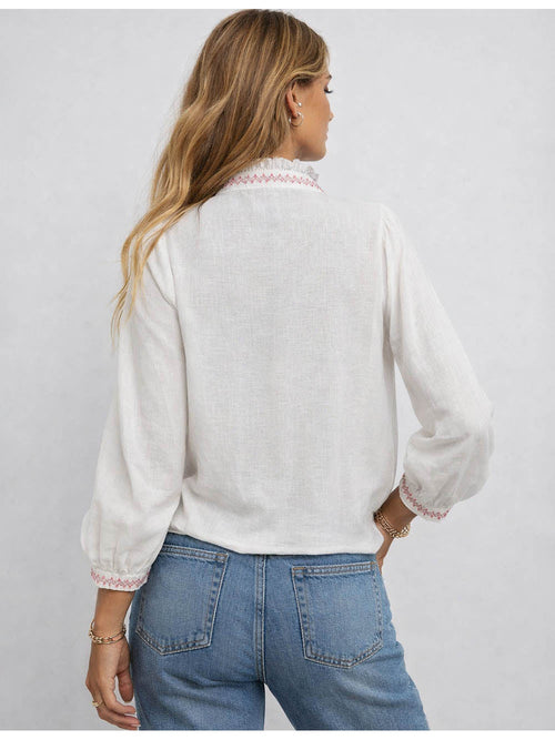 Boho Embroidery Ruffle Stand Neck Button Blouse