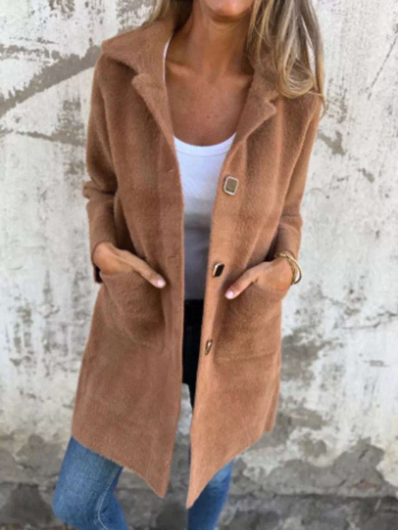 Full Size Button Down Long Sleeve Longline Coat Plus Size Jacket