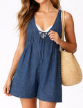 V Neck Front Pleated Sleeveless Denim Romper