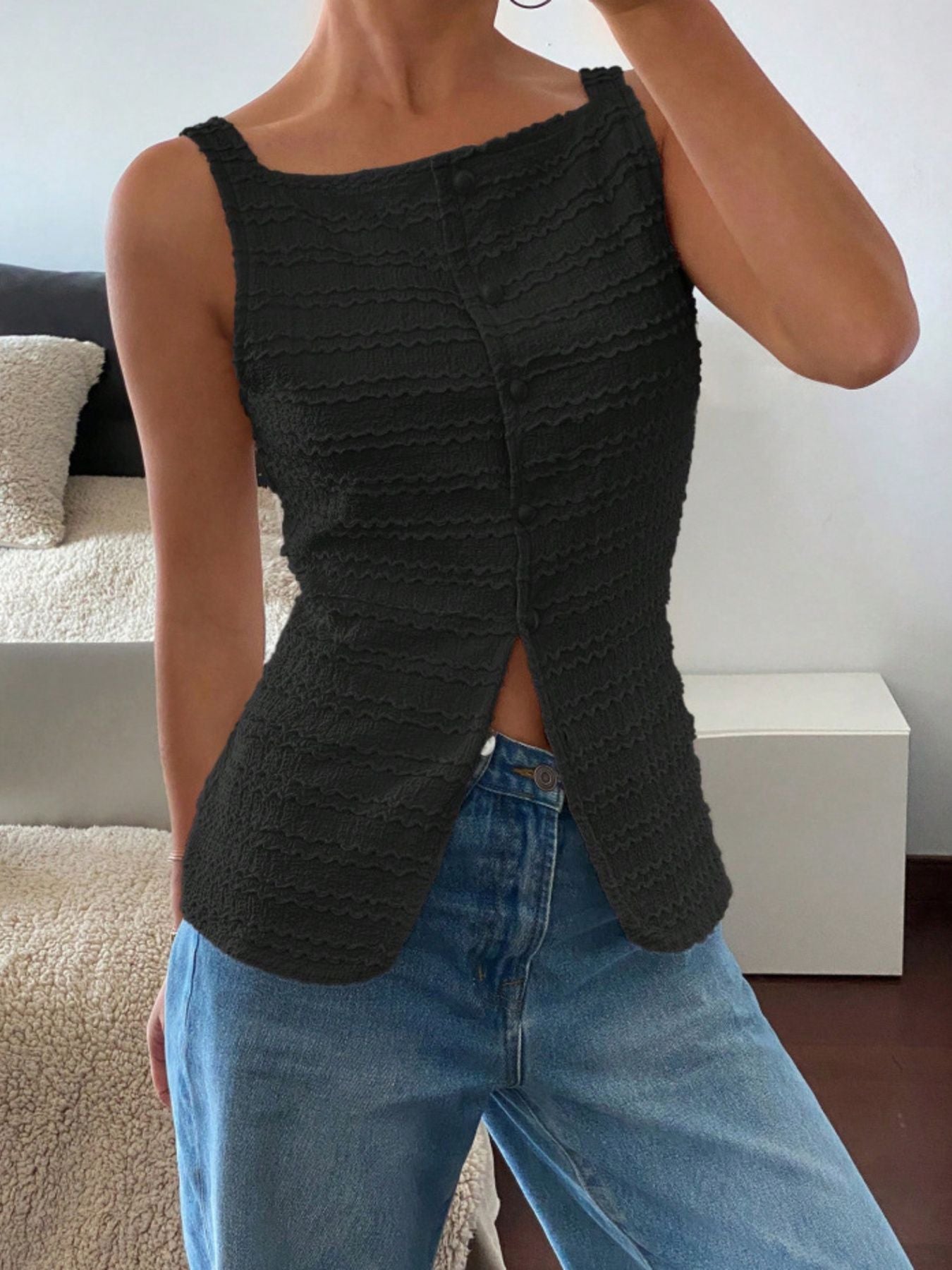Textured Button Front Tank